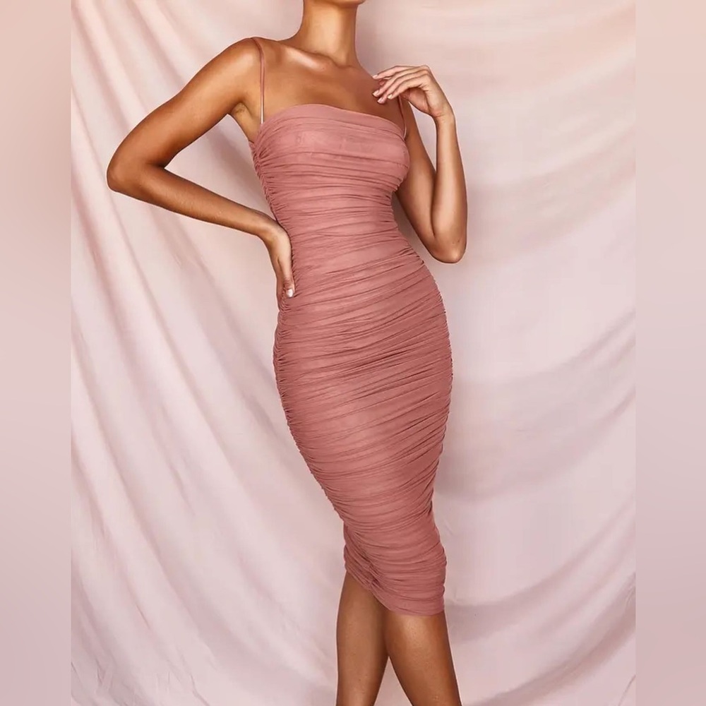 House of CB Ruched Mesh Midi Dress